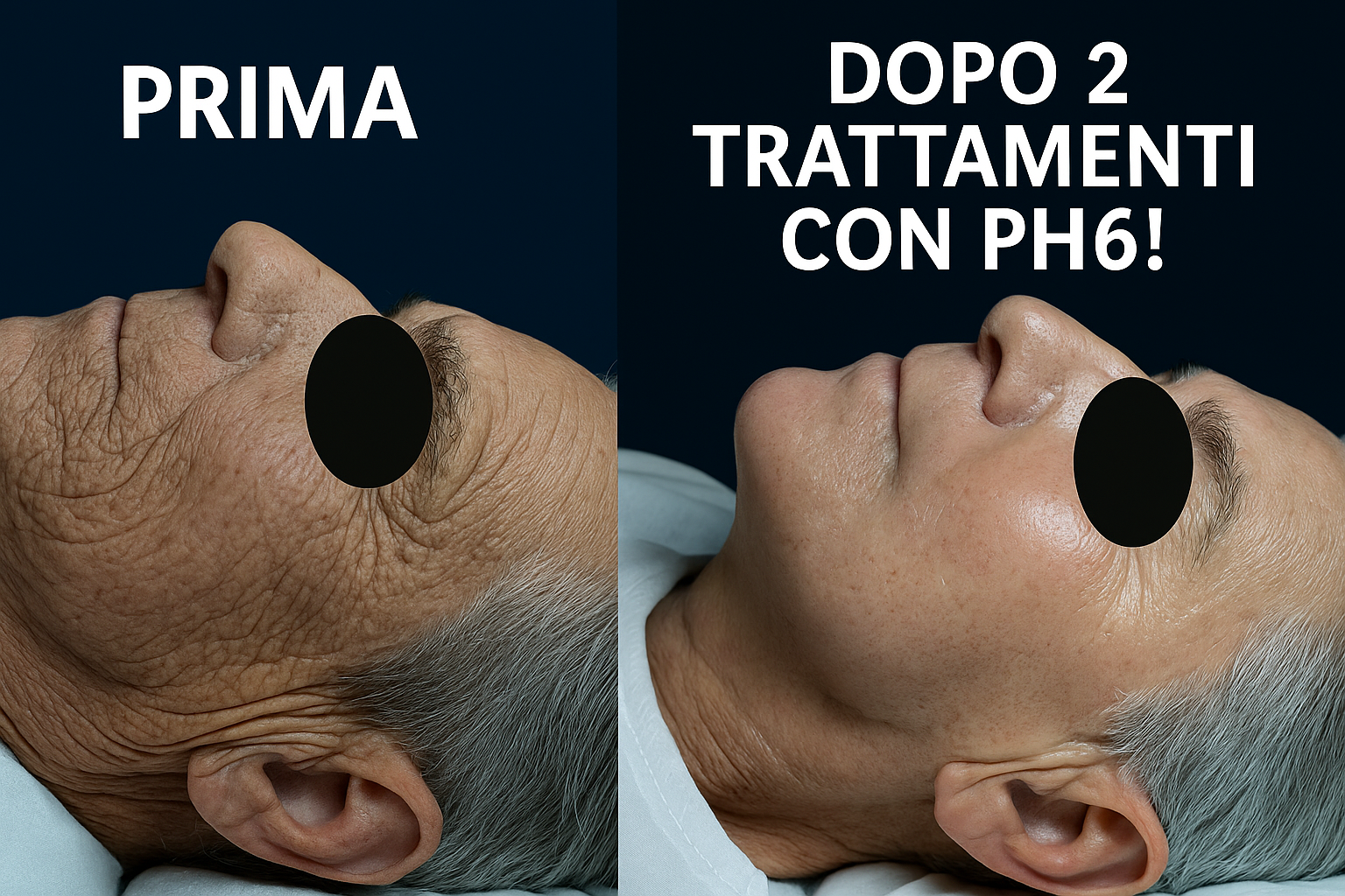 Confronto prima/dopo di texture e luminosità cutanea dopo due trattamenti con acqua funzionale. Area occhi oscurata per privacy.