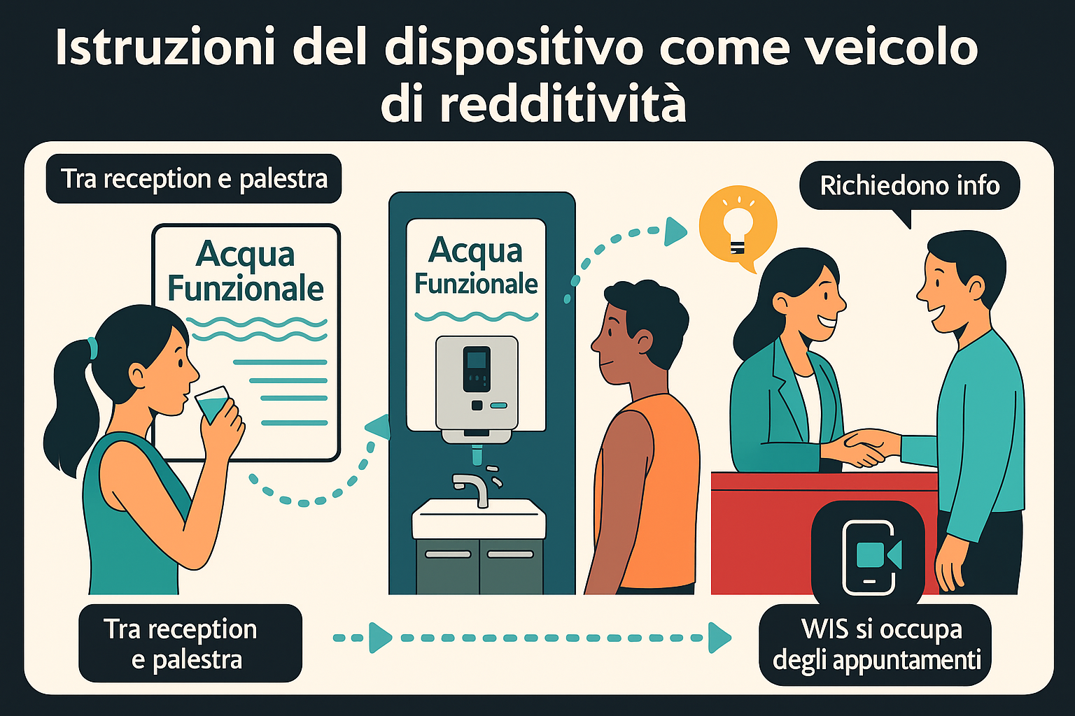 Schema di posizionamento delle acque funzionali e del percorso cliente verso la cabina.