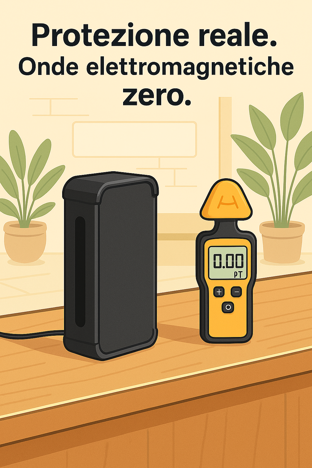 Dispositivo emGuarde in reception con misuratore che indica 0,00 μT.