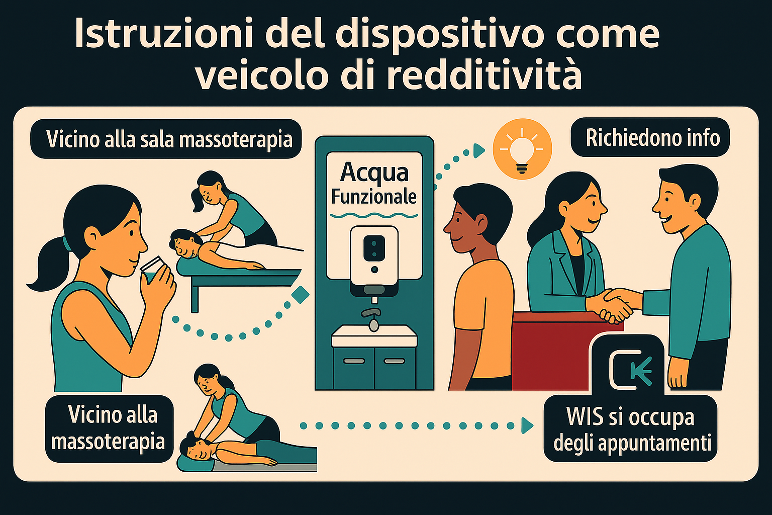 Infografica posizionamento dispositivo acqua funzionale in un centro di massoterapia.