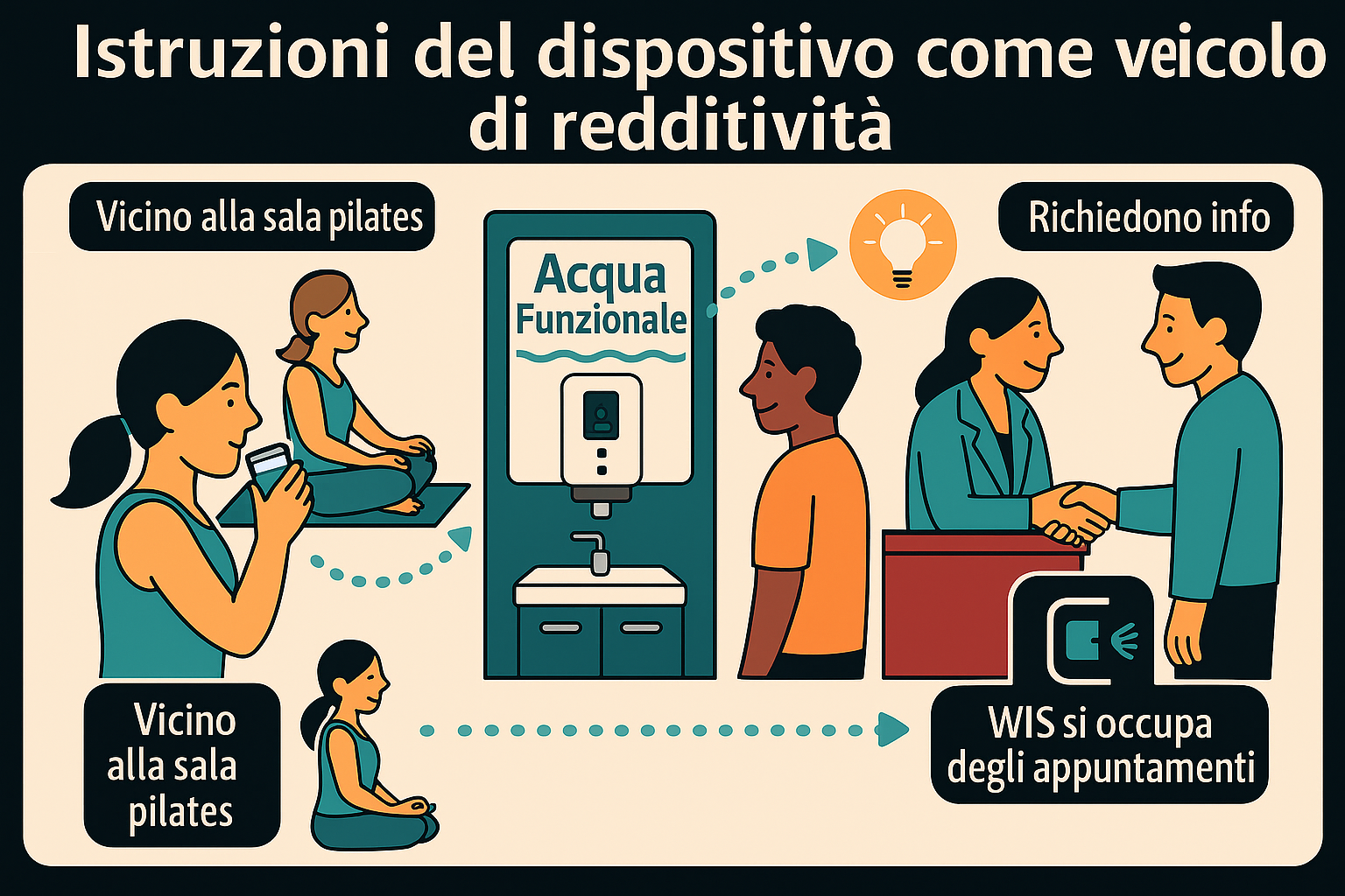 Infografica posizionamento dispositivo acqua funzionale vicino alla sala Pilates e reception.