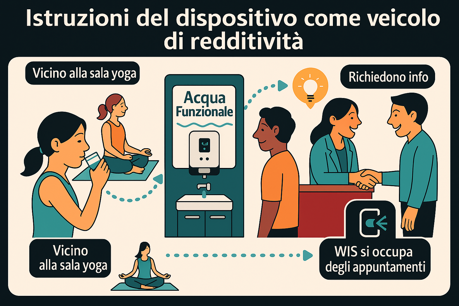 Infografica posizionamento dispositivo acqua funzionale vicino alla sala yoga e reception.